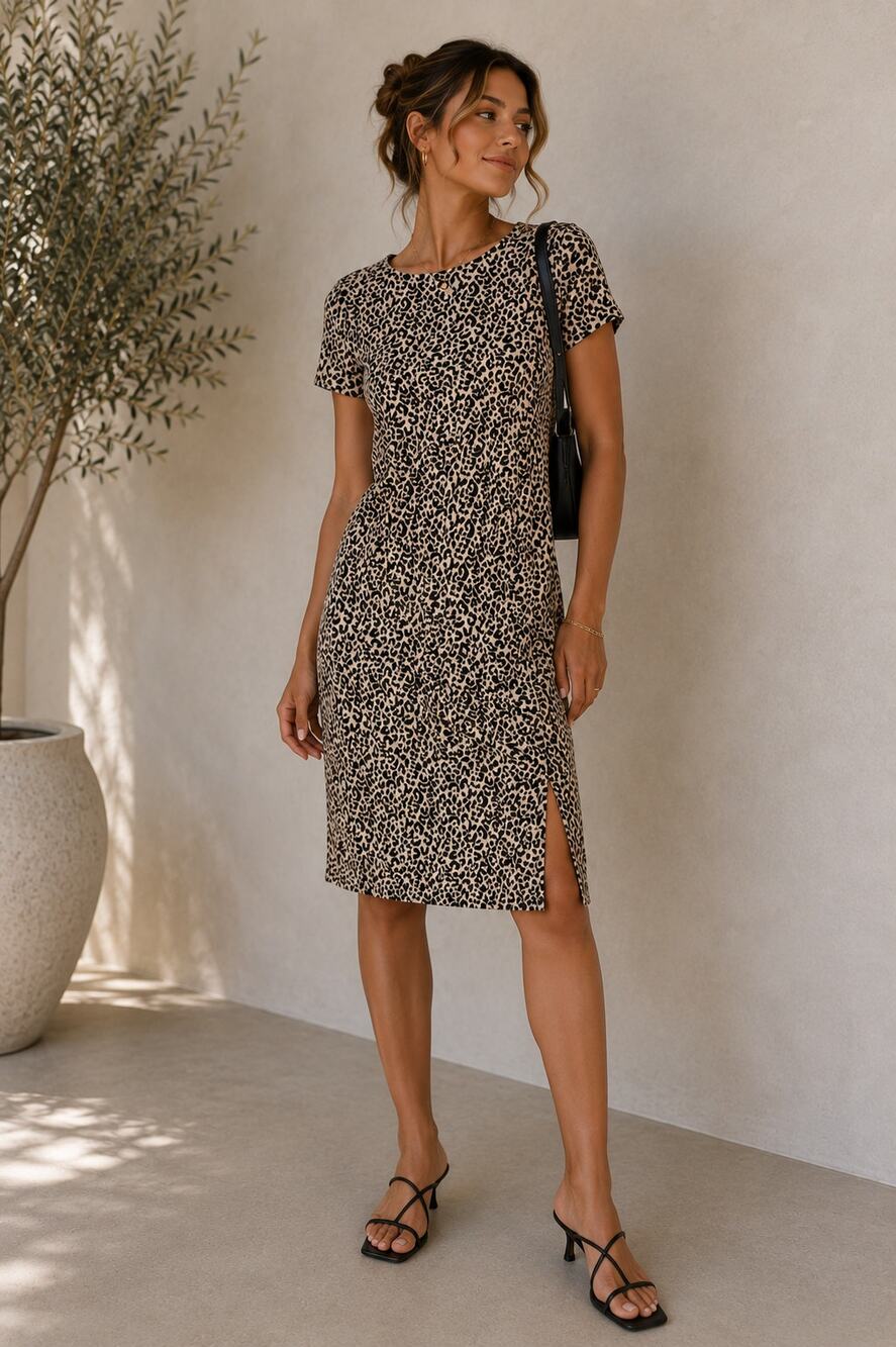 Zara Brown Animal Print Short Sleeve Knee Length Sheath Dress Womens M Leopard